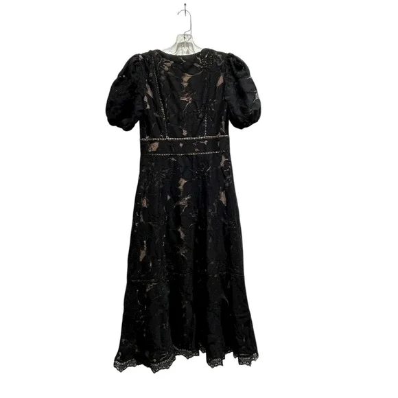 Anthropologie Ophelia Puff Sleeve Elegant Black Lace Dress MidiV Neck size  4 Dresses